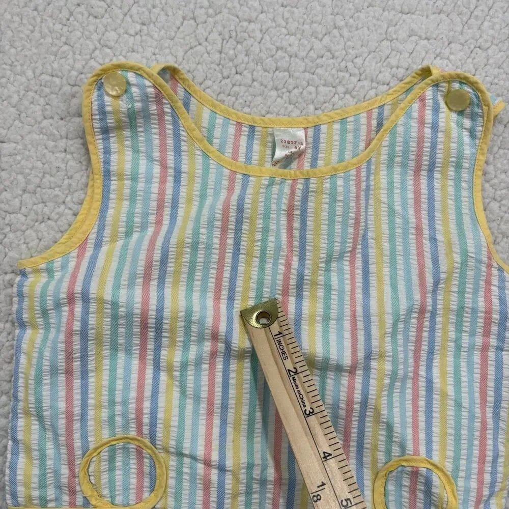 Vintage Seersucker Tank Top‎ Girls Size 6X Rainbow Stripe Button Strap Crop Top
